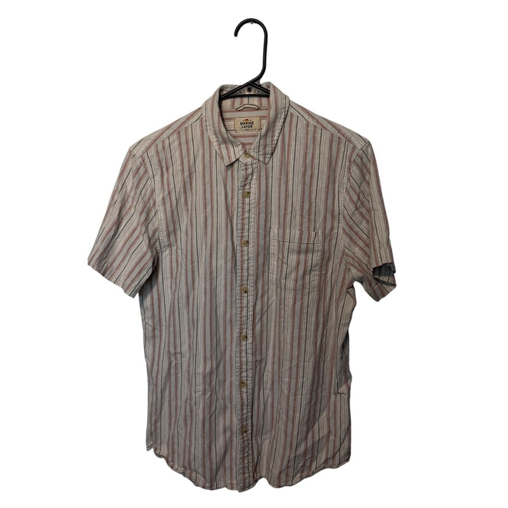 Marine Layer Shirt Mens Small Beige Red Blue Striped Hemp Tencel Short Sleeve